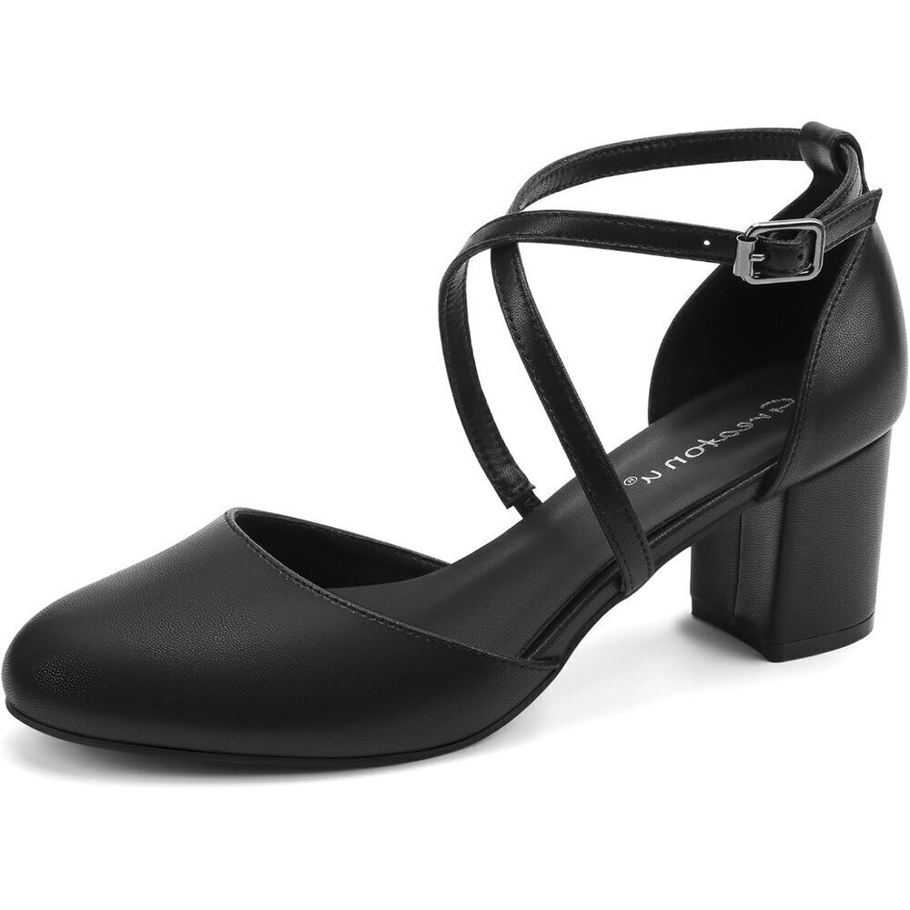 Women's Black Faux Suede Round Toe Cross Strap Low Block Heeled Dress Pumps